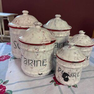 Vintage French Enamelware Canister Set 5 Pieces w/ Lids